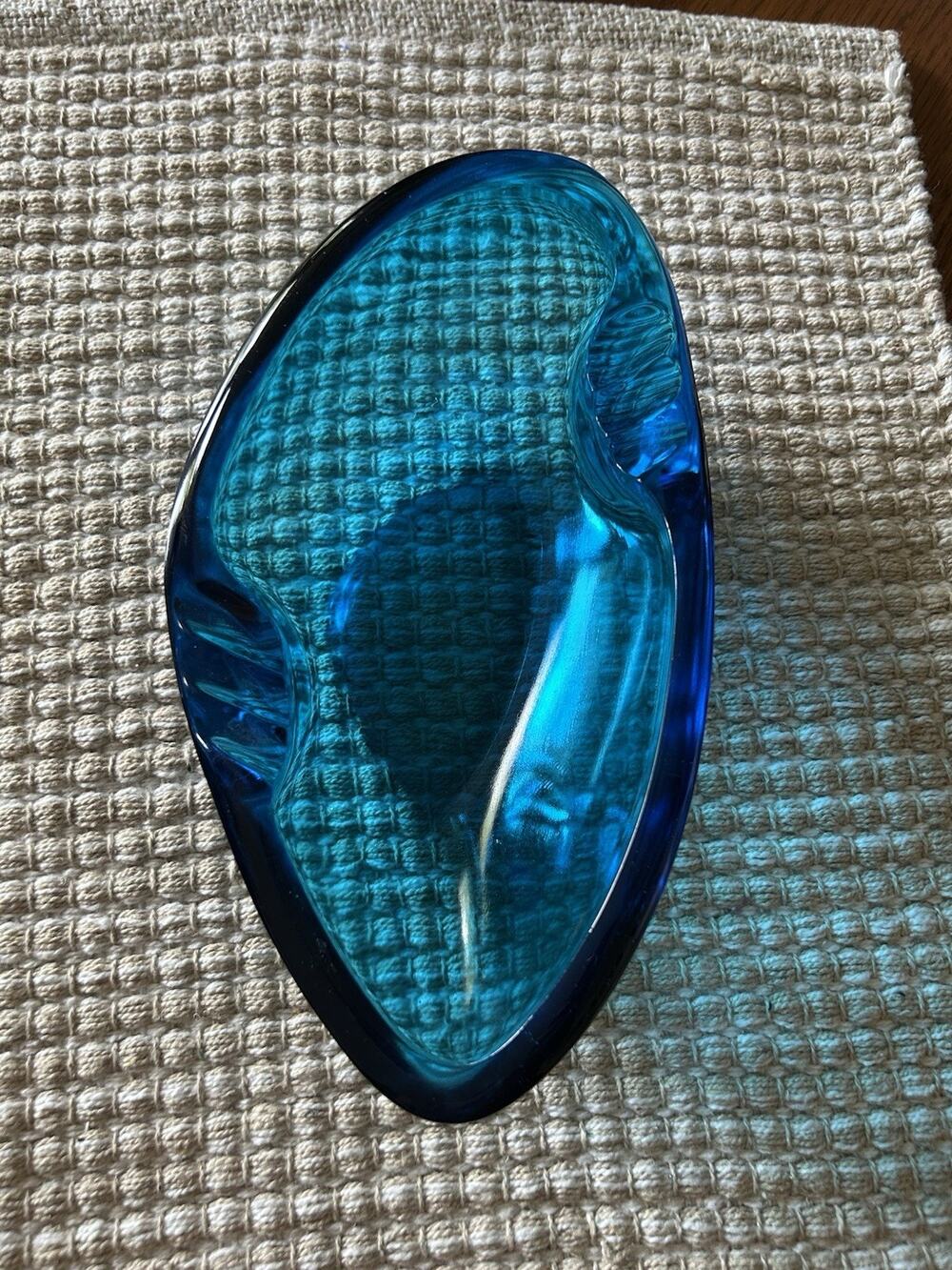 MCM Vtg Cigar Ashtray Large dish thick heavy BLUE glass 9.5” X 5.5” Bowl G26
